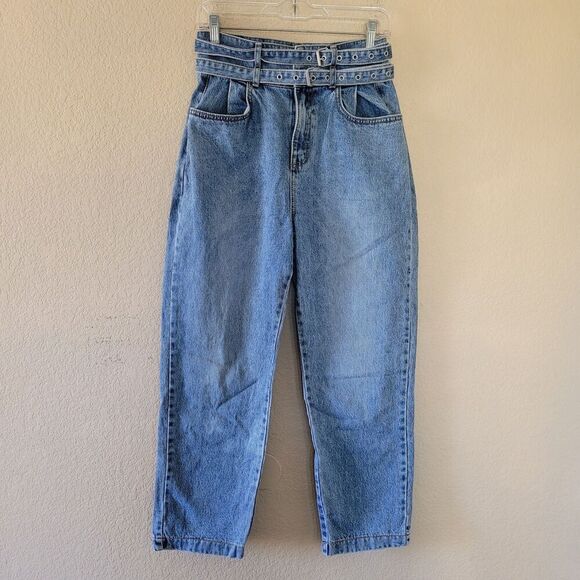 2Two Moon Denim - Womens High Rise Barrel Baggy Crop Jeans Sz 8 Blue Belted Pleated Balloon Korean